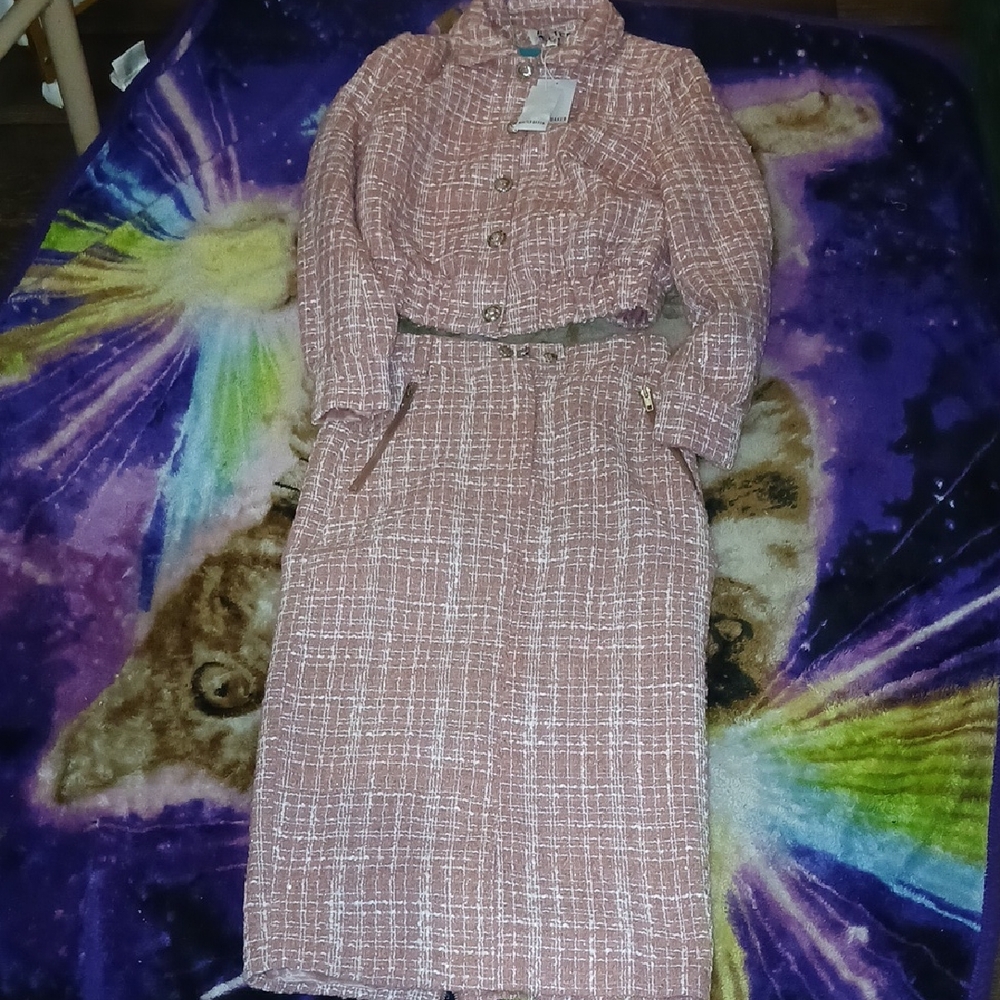Walter Baker Pink Tweed Jacket And Skirt Set Metallic